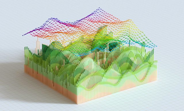 Digital generated image of abstract cubic shape multi colored data on white background.